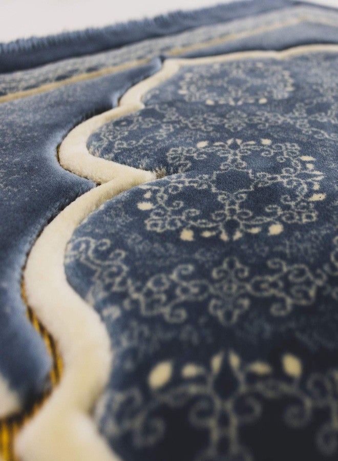 Modefa Turkish Islamic Prayer Rug - Soft Velvet Janamaz Praying Carpet - Comfortable Muslim Praying Mat for Men & Women - Ramadan or Eid Gift - with Kufi Prayer Cap - Elegant Swirl (Blue) - Image 4